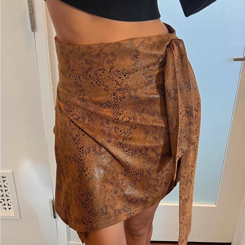 Never Fully Dressed Brown Snake-Print Mini Wrap Skirt